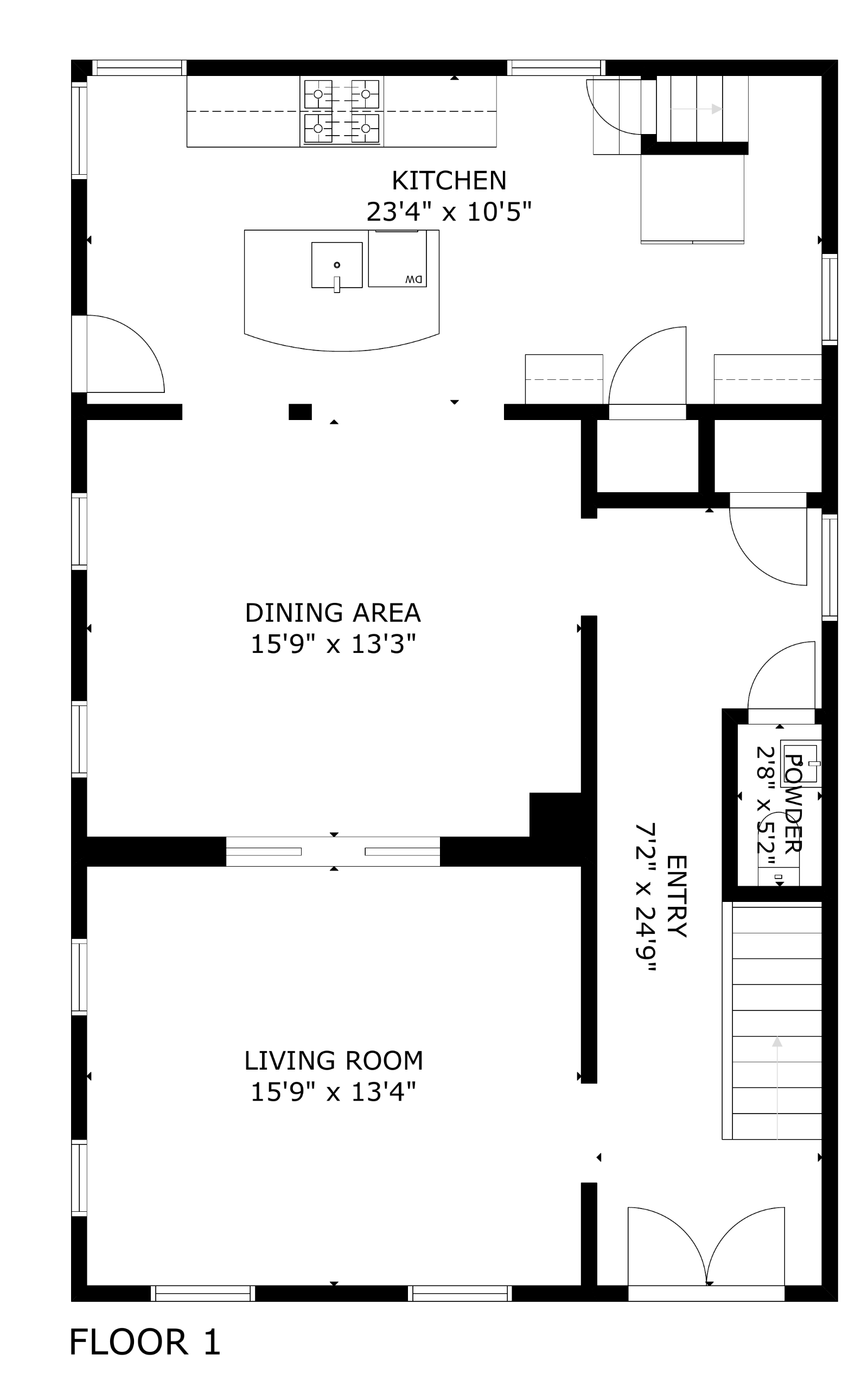 First floor plan: kitchen, dining area, living room, entry hall with two staircases, and powder room, with room dimensions